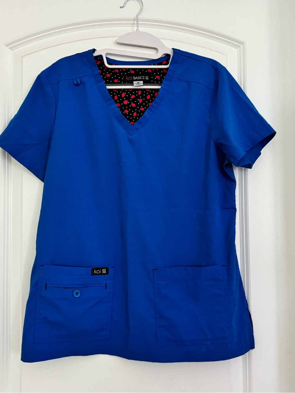koi Basics V-Neck Scrub Top in Royal Blue with Heart-Print Trim